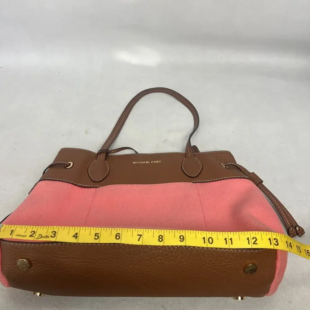 Michael Kors Marina East West Drawstring Tote in Coral Canvas & Tan Leather